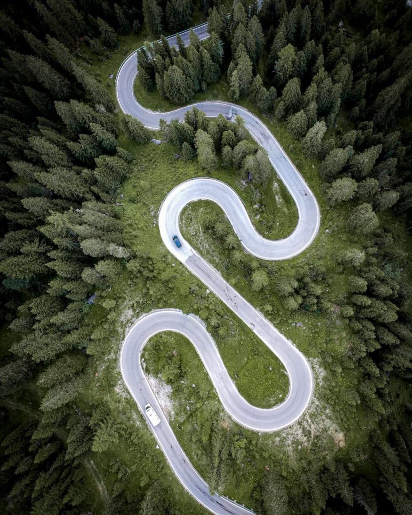 @luca_dellosbel and Dolomites road aerial view